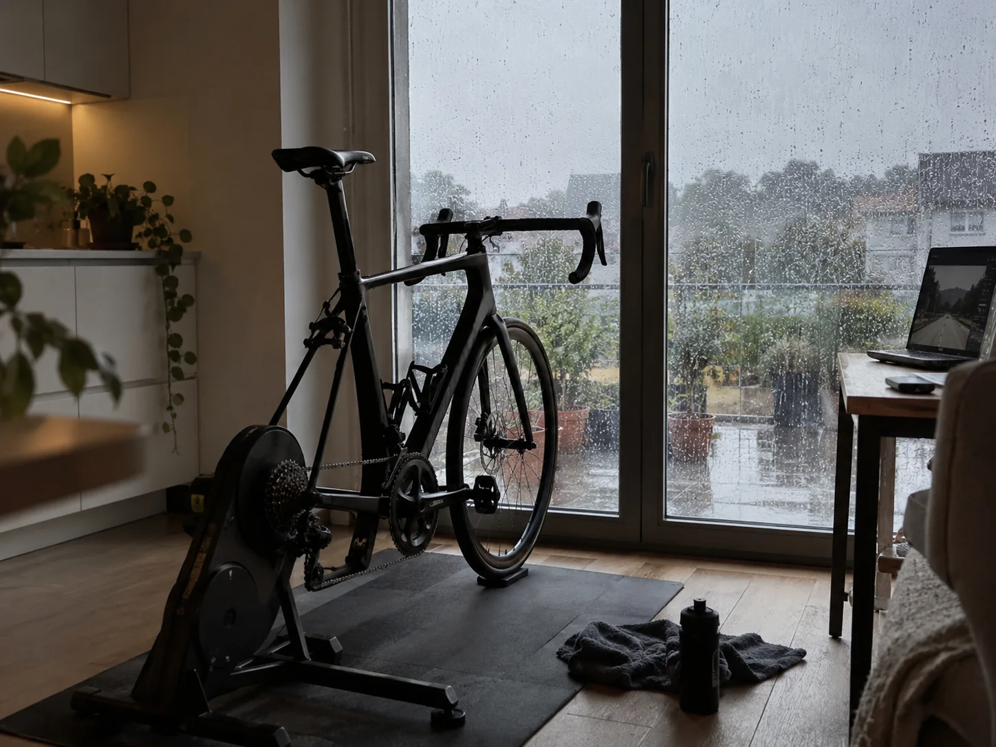 Bicicleta montada en un rodillo de entrenamiento en casa